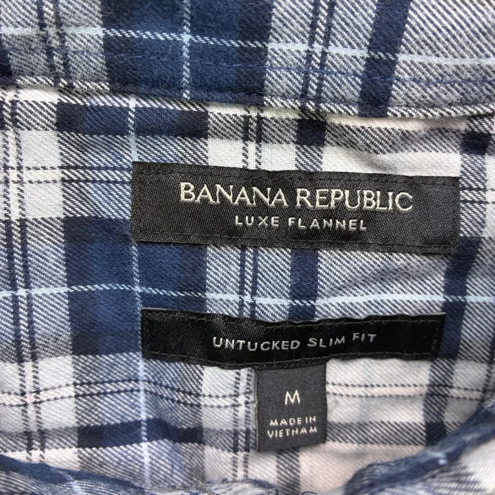 Banana Republic Mens Luxe Flannel Shirt Navy Blue Plaid Untucked Slim Fit Medium